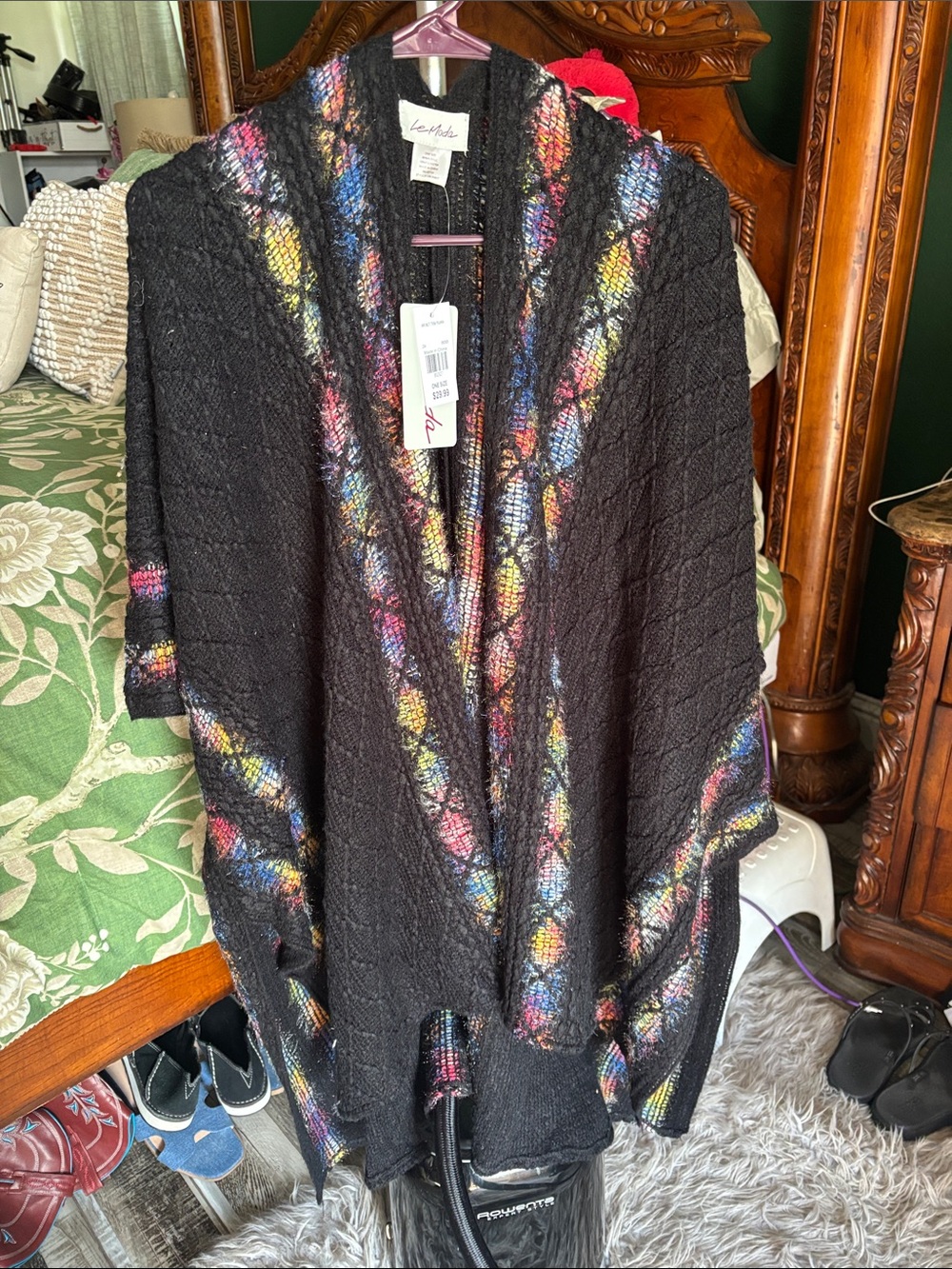 La Moda Black Open-Front Knit Poncho with Rainbow Accent Stripes